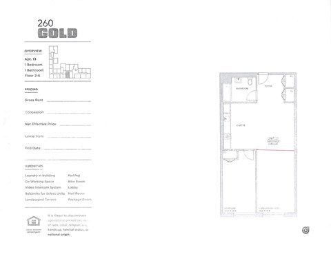 A floor plan for a property at 260 Gold Street shows a one bedroom apartment with a living area, kitchen, and bathroom.